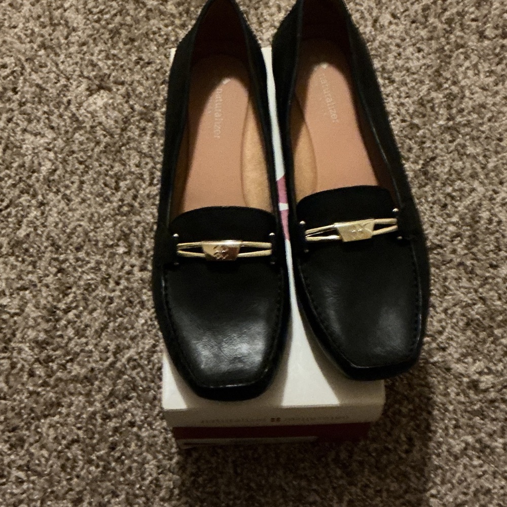 Naturalizer Black Leather Loafers with Gold Accent